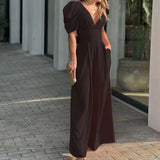 Damen Jumpsuit Polyester Elegant Puffärmel Taillengürtel Sommer Outfit – Schwarz