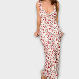 Maxikleid mit geheimnisvollem Blumenmuster und tiefem Ausschnitt – Rot