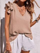 Jade | Rüschenärmel Rundhals Top – Beige