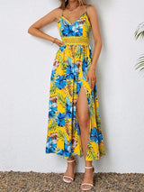 Damen Sommer Kleid mit Blumenmuster | Maxi – Gelb / Blau Blumenmuster