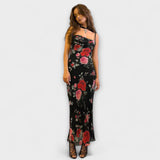 Floral Print Spaghetti Strap Bodycon Dress – Schwarz