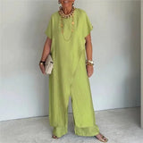 Aurenya™ Set Mit Asymmetrischer Tunika und Fließender Pantalonhose – Hellgrün