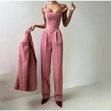 Damen Set | Blazer, Hose und Corset-Top im dreiteiligen Aufbau – Rosa