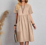 Mira | Midikleid in Marineblau mit kurzen Ärmeln – Khaki