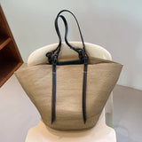 Luxus Boho Strohtasche Damen – Handgemachte Strandtasche mit veganem Leder – Khaki