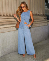 Leona | Stylisches Denim-Zweiteiler-Set mit Weste & Weitbein-Hose – Blau