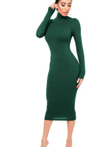Damen Langarm Rollkragen Midi Etui Kleid – Grün