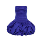 Schulterfreies Mini Kleid mit Ballonrock und floralem Muster für Damen – Dunkelblau