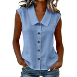 Celinea™ Baumwoll-Leinen-Bluse Mit Elegantem Kragen Und Vorderen Knöpfen – Blau