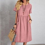 Mira | Midikleid in Marineblau mit kurzen Ärmeln – Rosa