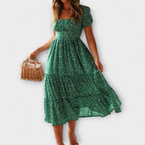 Retro Floral Puff Sleeve Maxi Dress – Grün