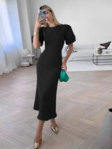 Moonflower - Solides Midikleid mit Puffärmeln – Schwarz