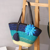 Große Strohtasche Damen – Handgefertigte Strandtasche mit Vegan-Leder-Trägern – Blau