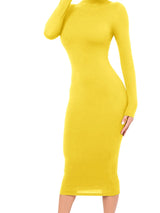 Damen Langarm Rollkragen Midi Etui Kleid – Gelb