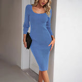Damen Langarm Gestrickt Midi Etui Kleid – Blau