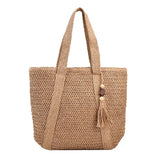Boho Strandtasche Damen – Handgewebter Shopper mit Quaste & Reißverschluss – Khaki