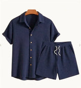 Jorvian - Strukturiertes Set aus Sommerhemd und Shorts – Blau