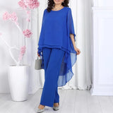 Aurevielle™ Set Mit Asymmetrischer Bluse in Lagenoptik und Weiter Pantalonhose – Blau