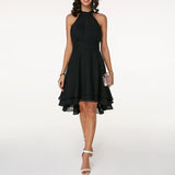 Zaleia – Elegantes Chiffonkleid mit hohem Kragen – Schwarz