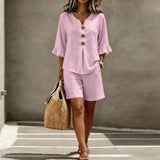 Helene™ Leinen-Baumwoll-Set Mit V-Ausschnitt Und Locker Fallender Shorts – Rosa