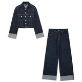 Damen Denim-Anzug – 2-teiliges Set mit Cropped Jeansjacke – Marineblau