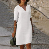 V-Ausschnitt Kleid für Frauen | Midi – Weiß