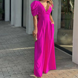 Damen Jumpsuit Polyester Elegant Puffärmel Taillengürtel Sommer Outfit – Rosenrot