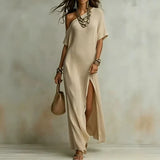Kleid Velmara™ mit Asymmetrischem Ausschnitt und Elegantem Frontschlitz – Khaki