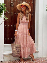 Isabelle – Boho Maxikleid mit Spitzen- und Stufendesign – Rosa