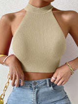 Damen Haltertop aus Rippstoff – Elastisch & Bauchfrei für den Sommer – Beige
