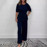 Aurelle™ Premium-Strickset mit Bluse mit Frontschnürung und fließender Hose / Das Wildcard-Teil der modernen Garderobe! – Marineblau