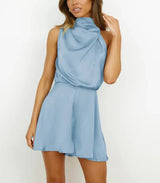 Damen-Satin-Overall mit Neckholder und kurzen Beinen – Blau