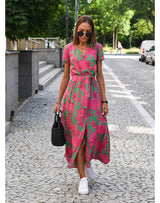 Zayvia - Figurformendes Soft-Touch-Kleid mit V-Ausschnitt – Pink und Grün