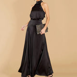 Damen-Jumpsuit mit Neckholder und weitem Bein – Schwarz