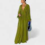 Elegantes Plissiertes Langarmkleid – Grün