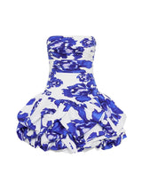 Schulterfreies Mini Kleid mit Ballonrock und floralem Muster für Damen – Blau