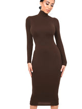 Damen Langarm Rollkragen Midi Etui Kleid – Kaffee