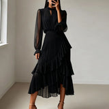 Lioren™ Kleid mit Edlem Plissee und Asymmetrischen Volants – Schwarz