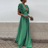 Elysia – Maxikleid mit tiefem V-Ausschnitt und Rüschenärmeln – Grün