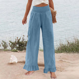 Hose Alva™ aus Leinen-Baumwoll-Mix mit hohem Smokbund und Volantsaum – Hellblau