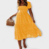 Retro Floral Puff Sleeve Maxi Dress – Gelb