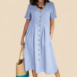Vivienne - Kurzen Ärmeln Baumwoll Kleid – Blau
