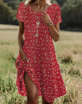 Giovana – Elegantes Midi-Kleid Mit Kurzen Ärmeln – Rot