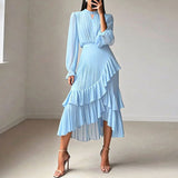 Lioren™ Kleid mit Edlem Plissee und Asymmetrischen Volants – Hellblau
