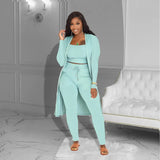 Velmira™-Set mit Kurz Geschnittenem Oberteil, eng Anliegender Hose und Locker Fallendem Cardigan – Blau