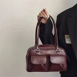 Vintage-Stroh Strandtasche mit veganem Leder – Burgundisch