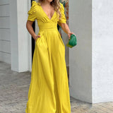 Damen Jumpsuit Polyester Elegant Puffärmel Taillengürtel Sommer Outfit – Gelb