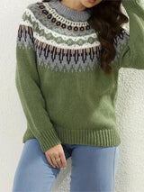 Norweger Grobstrickpullover Damen | Rundhals Mit Fair Isle Muster – Grün