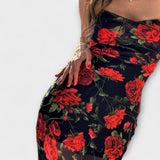 Floral Print Spaghetti Strap Bodycon Dress – Rot