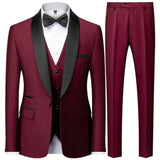 Herren 3-Dreiteiler Hochzeitsgast Anzug | Jacke, Weste und Hose – Schwarzer Knopf Weinrot